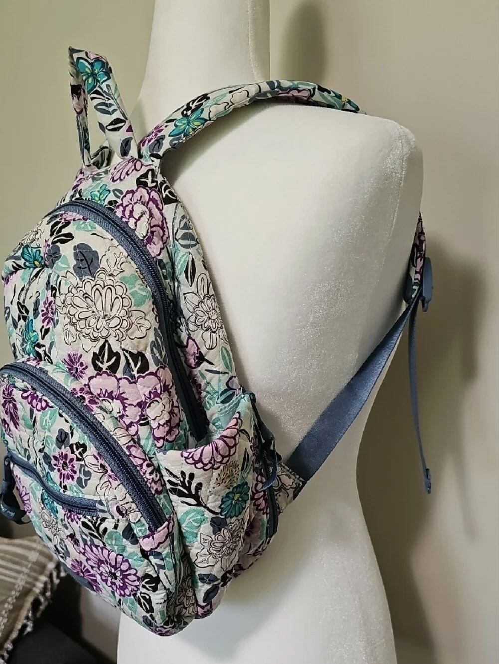 Vera Bradley Quilted Floral Mini Backpack in Purple, Teal & White